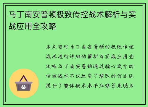 马丁南安普顿极致传控战术解析与实战应用全攻略 马丁南安普顿极致传控战术解析与实战应用全攻略