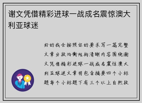 谢文凭借精彩进球一战成名震惊澳大利亚球迷