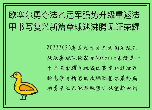 欧塞尔勇夺法乙冠军强势升级重返法甲书写复兴新篇章球迷沸腾见证荣耀时刻